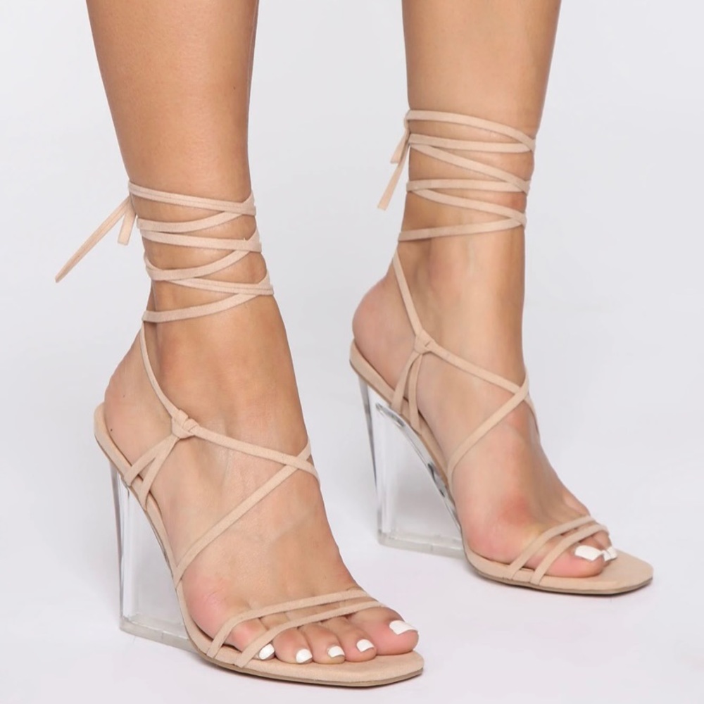 Nude wedges with ankle straps and clear heals
